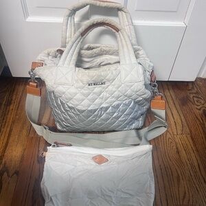 MZ Wallace Quilted Silver and White Shoulder Metro Tote with Tan Accents